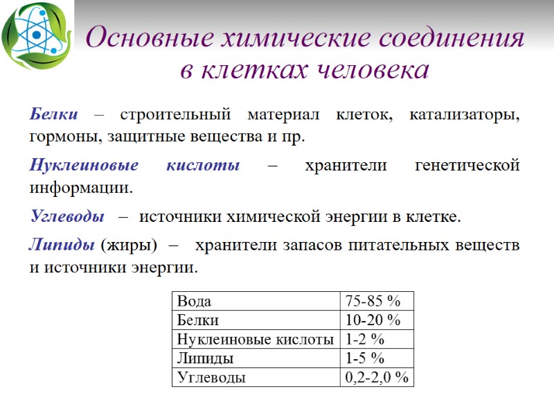 Основные химические соединения  в клетках человека       Белки